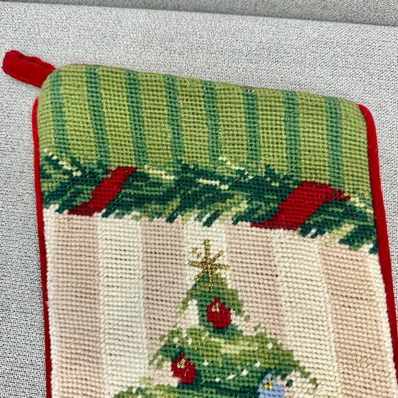 Lands’ End Needlepoint Christmas Stocking Wool Holiday Tree Red Velvet 18” - Picture 5 of 13